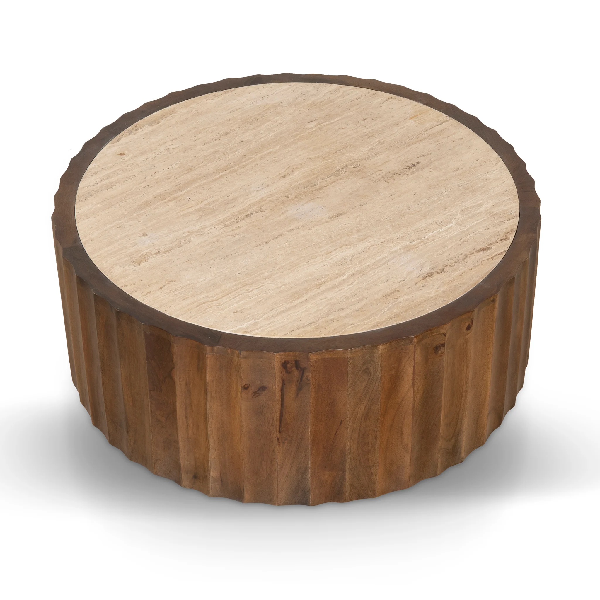 CCF8724-RB 89cm Travertine Top Round Coffee Table - Walnut - Image 2