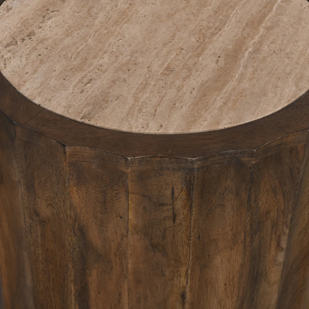CST8723-RB 45cm Travertine Top Round Side Table - Walnut - Image 5