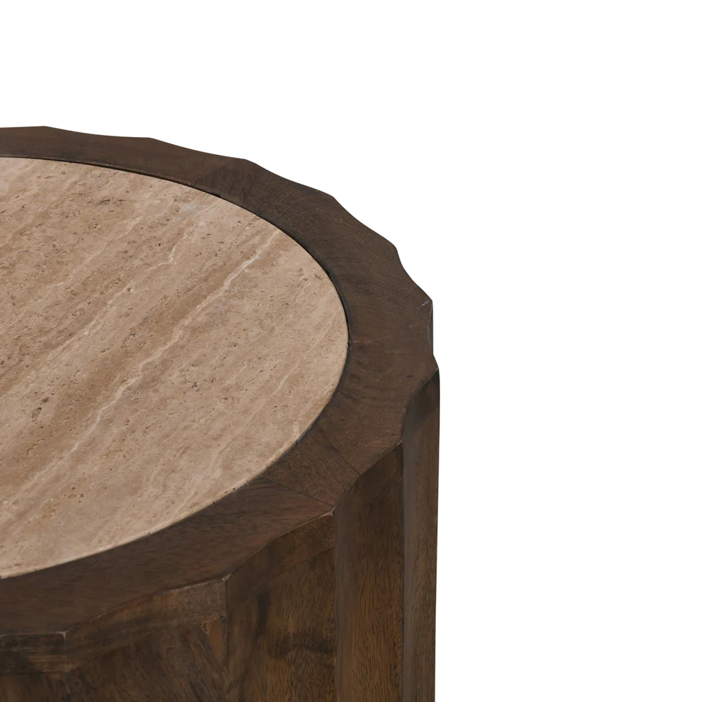 CST8723-RB 45cm Travertine Top Round Side Table - Walnut - Image 7